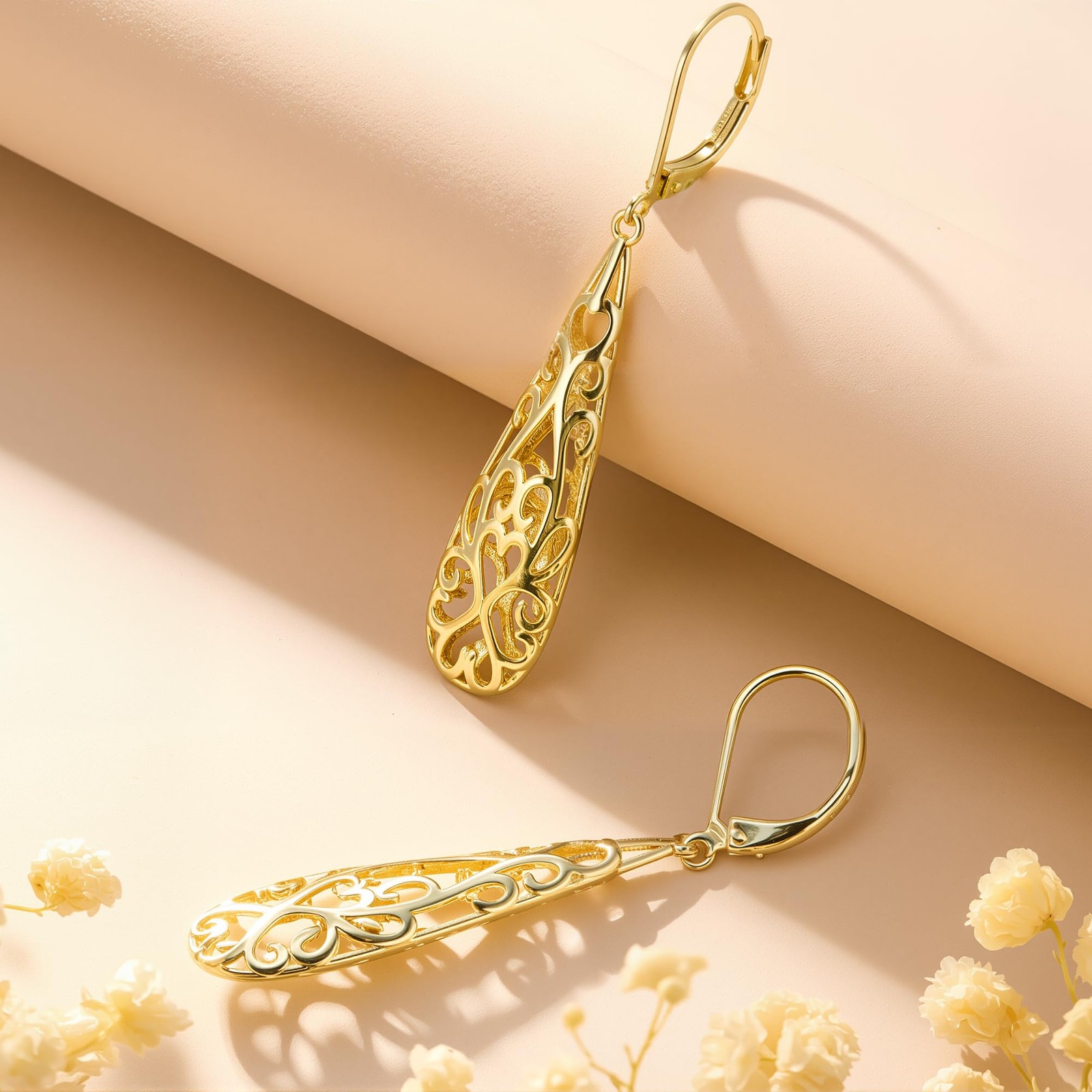 Gold Long Filigree Teardrop Dangle Earrings for Women
