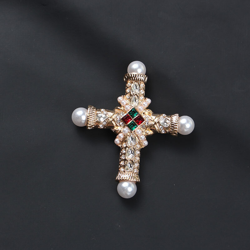 Retro Rhinestone Cross Brooch Men’s Cross Party Pins Jewelry