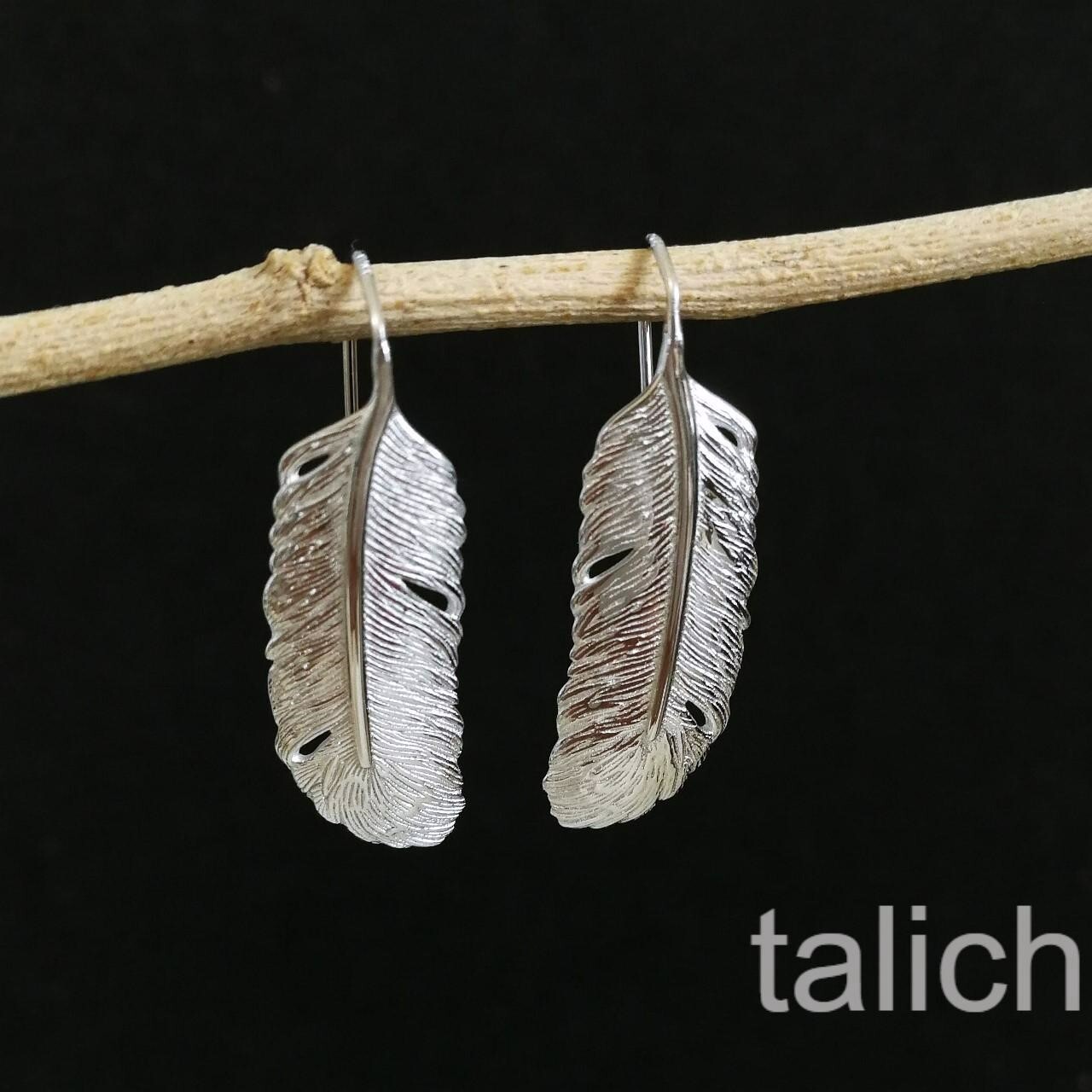 Shiny 925 Sterling Silver Small Feather Drop Earrings Light Weight Chic Unique