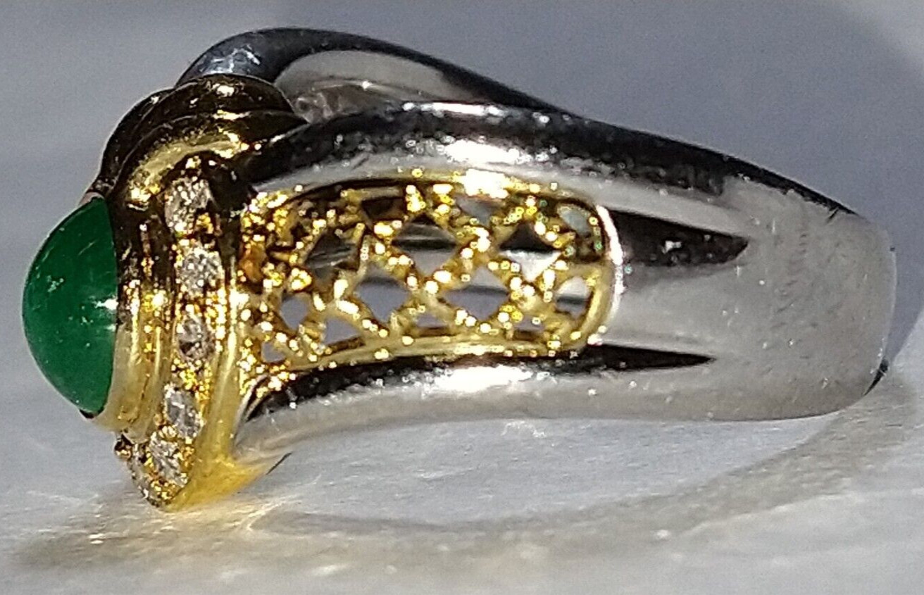 Solid heavy platinum & 18k gold 0.91 carat natural emerald diamond ring 8.76 grm