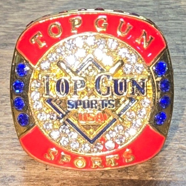 Top Gun Sports USA Baseball Championship Ring Gold Tone Red Blue Crystals Sz 7.5