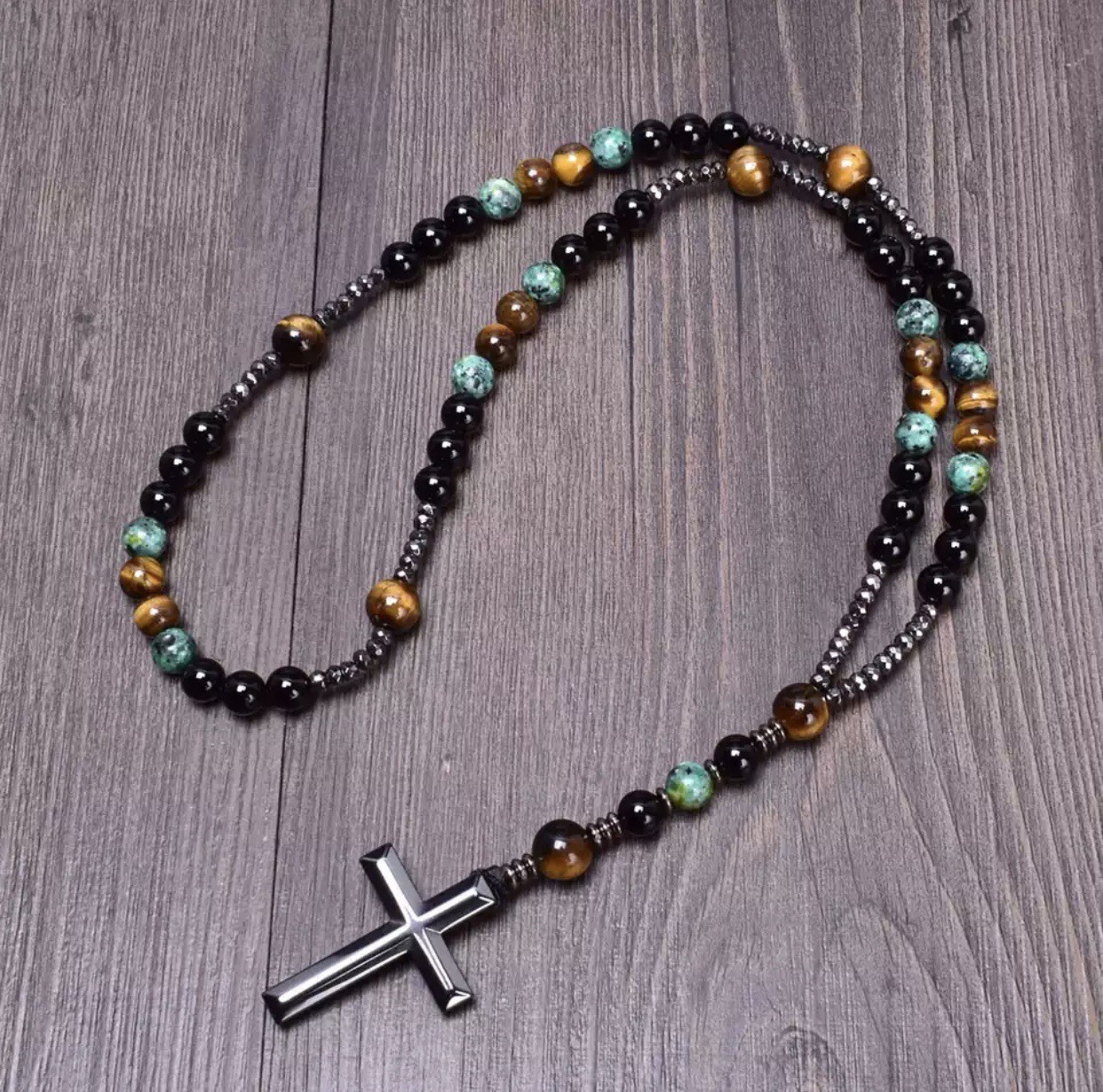 Obsidian Tiger’s Eye African Turquoise Beaded Hematite Cross Pendant Necklace