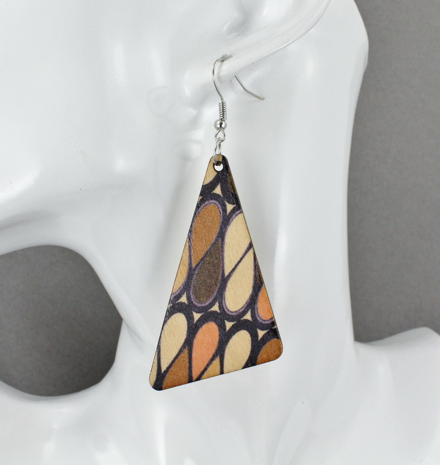 Brown Beige retro pattern earrings 70s look lightweight wood dangle 3 3/8″ long