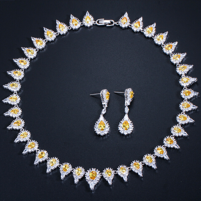 Yellow Topaz Cubic Zircon Round Choker Necklace Dangle Drop Earrings Jewelry Set