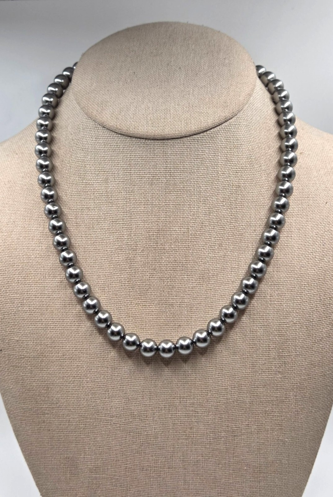 Gray Glass Beaded Necklace With Silver Tone Fold Over Clasp