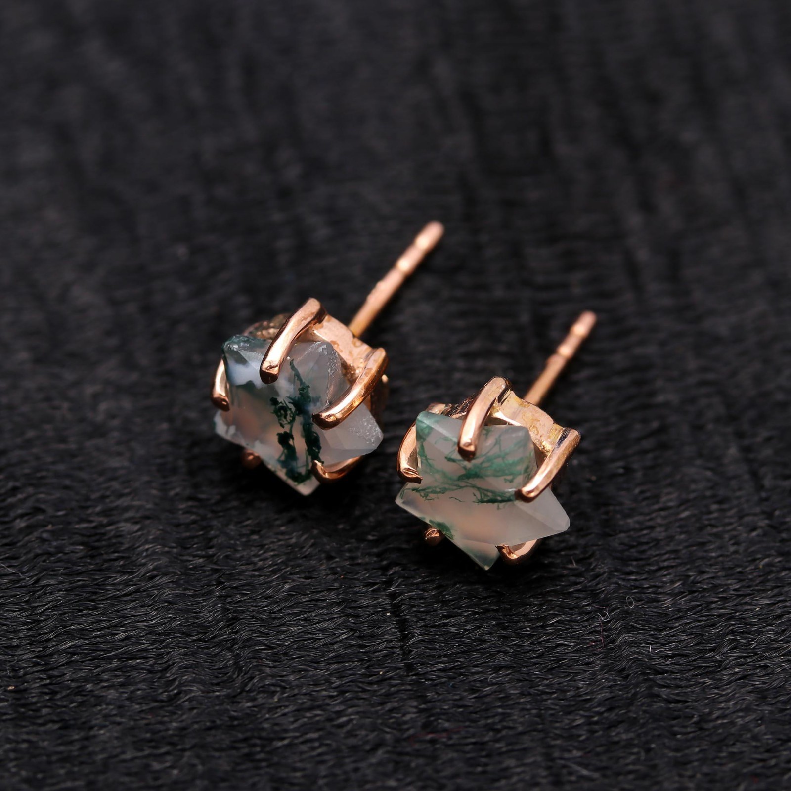 Natural Moss Agate Star Stud Earrings Rose Gold Fill 925 Sterling Silver Jewelry