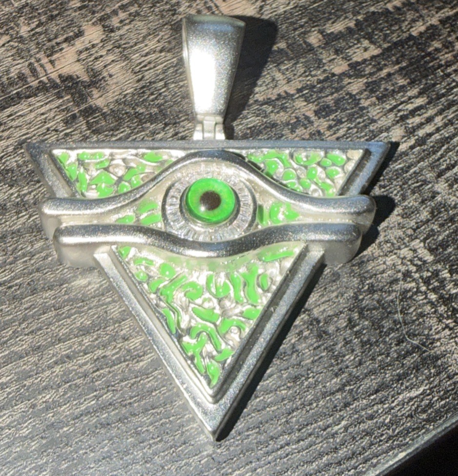 Helloice Iced Green Enamel Baguette Cut Egyptian Pyramid Eye of Horus Pendant