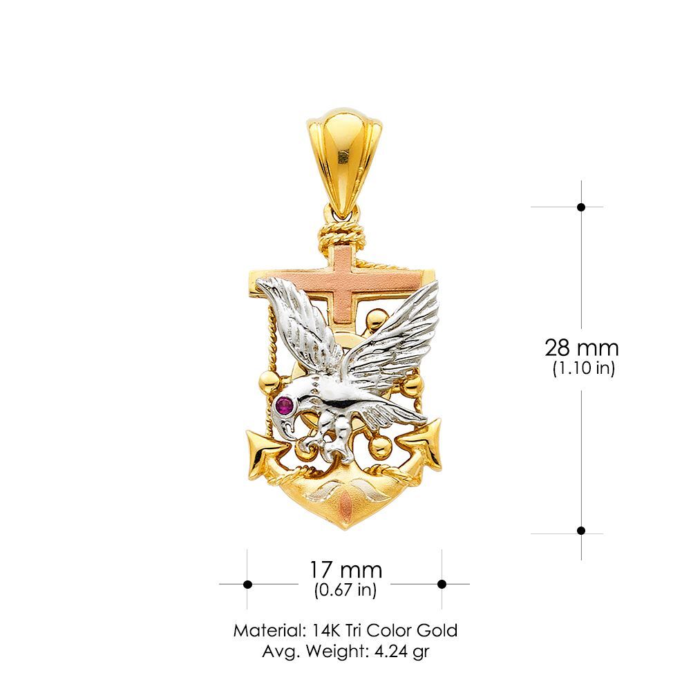 14K Tri Color Gold Eagle Anchor Charm Pendant &4.9mm Hollow Cuban Chain Necklace