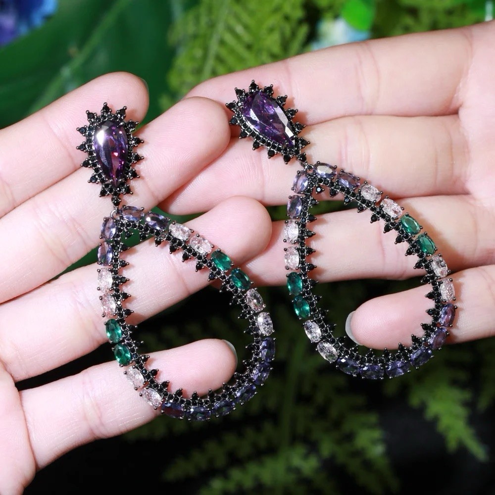 Unique Oval Shape Multicolor Cubic Zirconia Oversize Long Large Drop Earrings