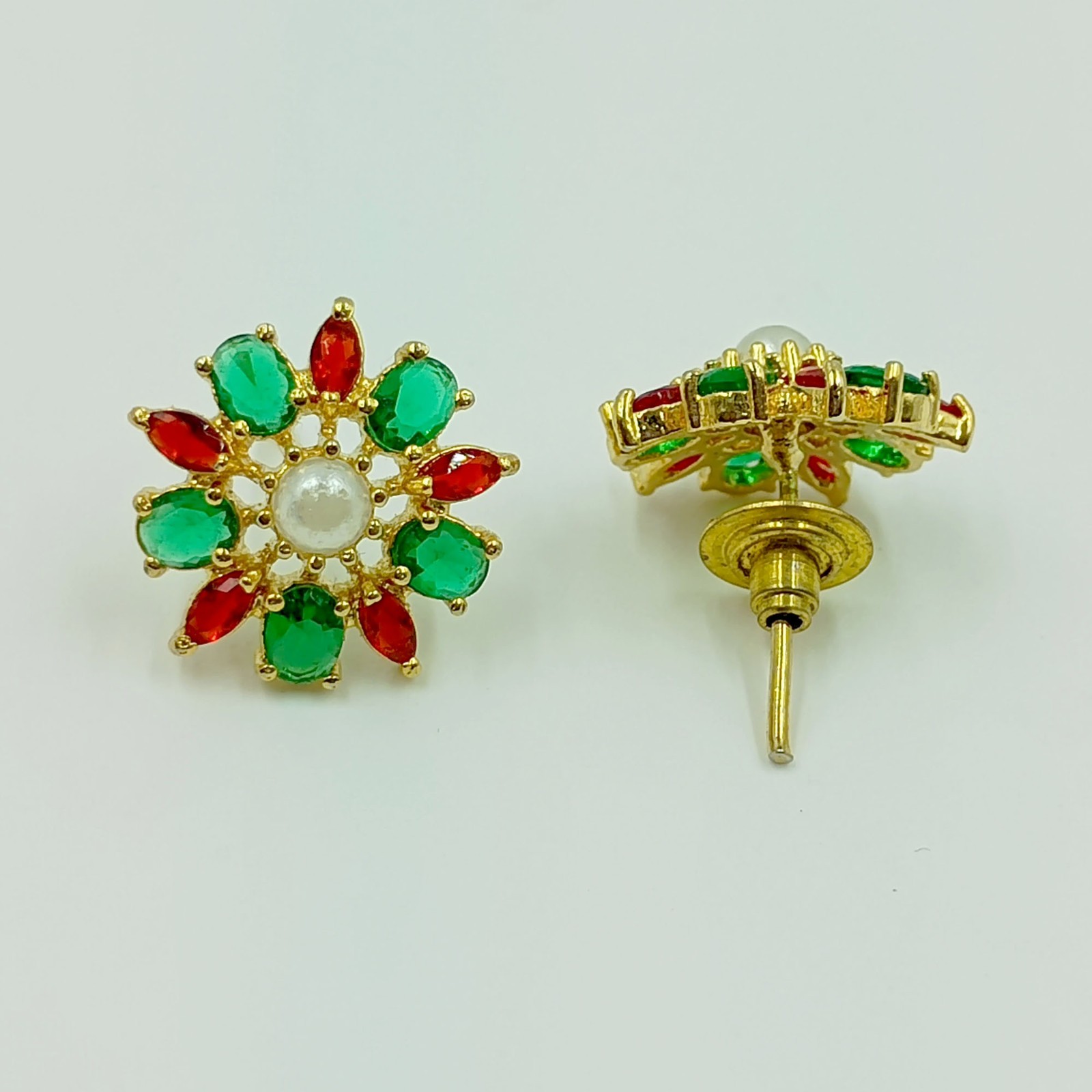 Elegant Ruby Emerald Pearl Stud Earrings 22k Gold Plated Indian Ethnic Jewelry