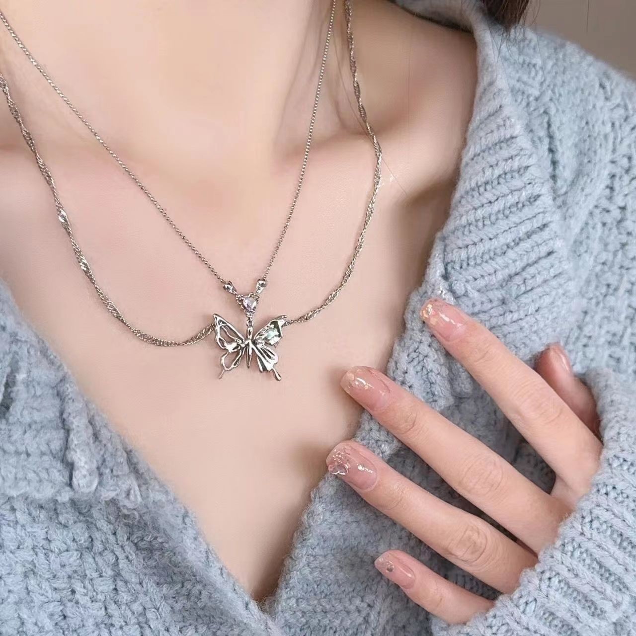 Vintage Y2K Butterfly Pendant Necklace Double Chain Heart Jewelry Gift Women