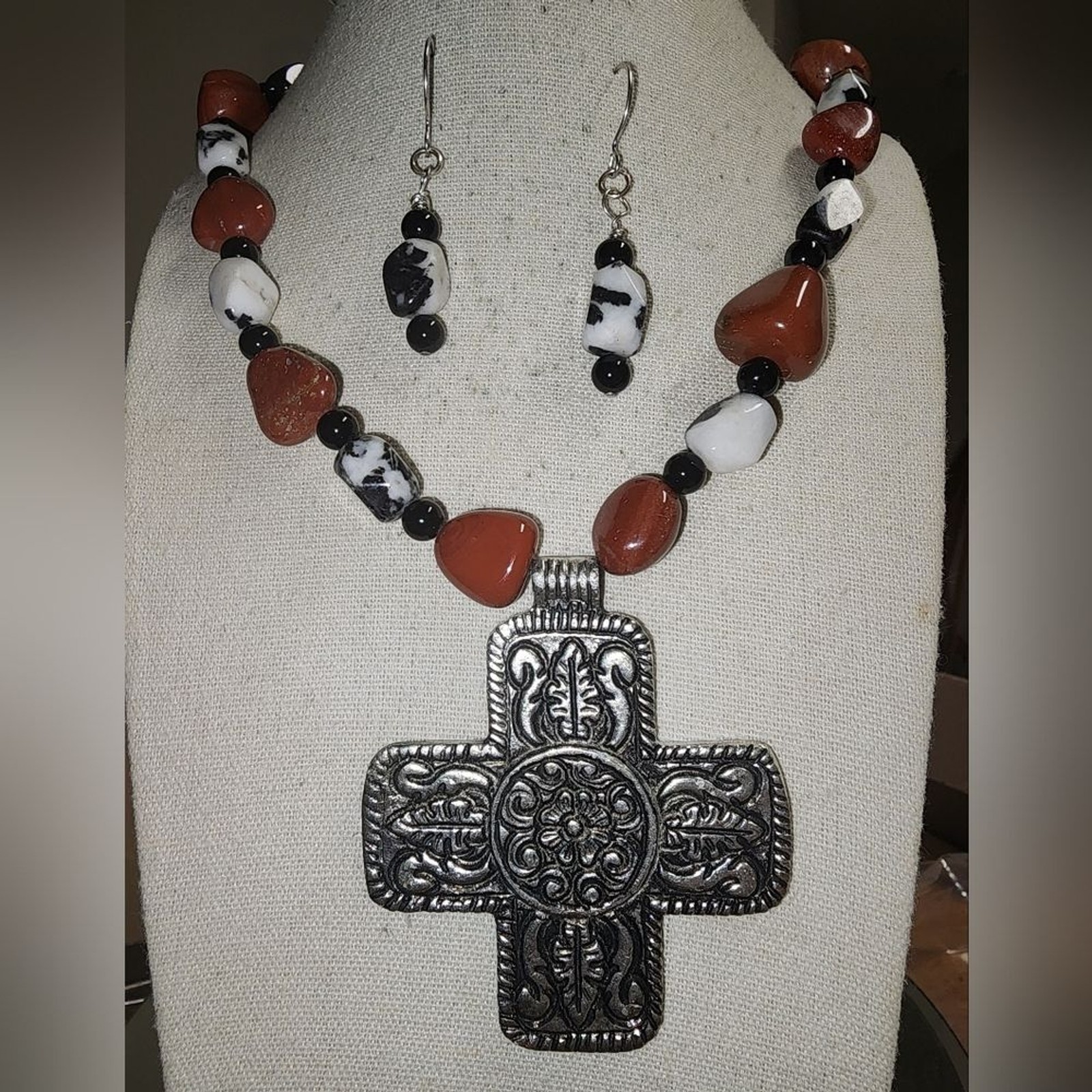 Artisan Red Jasper And Various Agate Stone & Cross Necklace and Earring Set