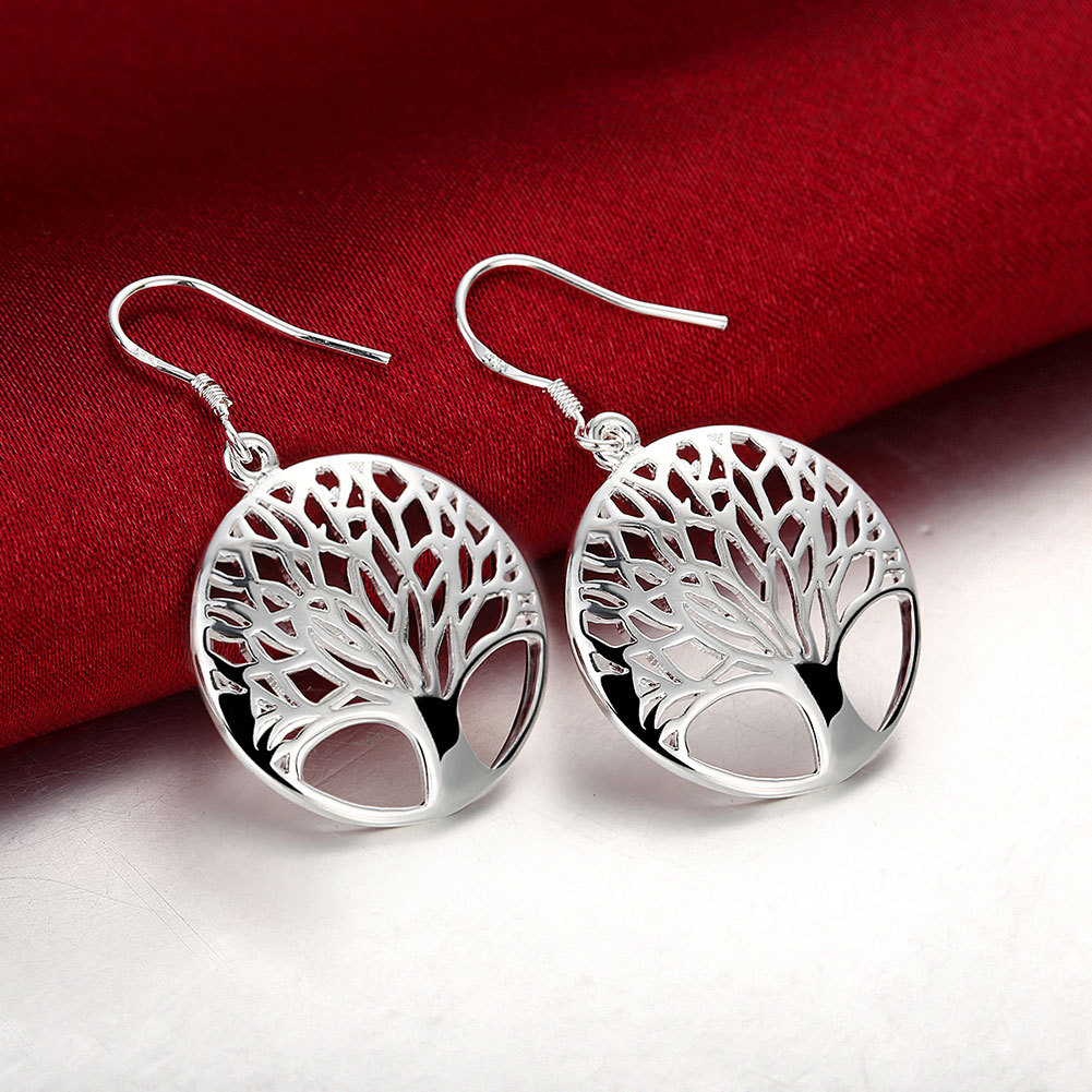 Sterling Silver Plated Earrings Drop Dangle Fish Hook Tree Of Life .96″ L407