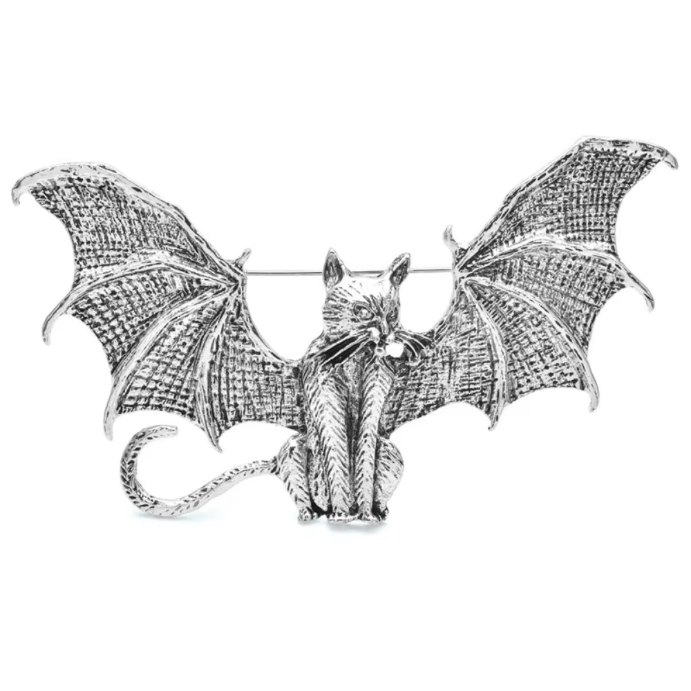 LARGE Halloween Silver Tone Wing Cat Bat Brooch Pin Gothic Jewelry Costume Gift