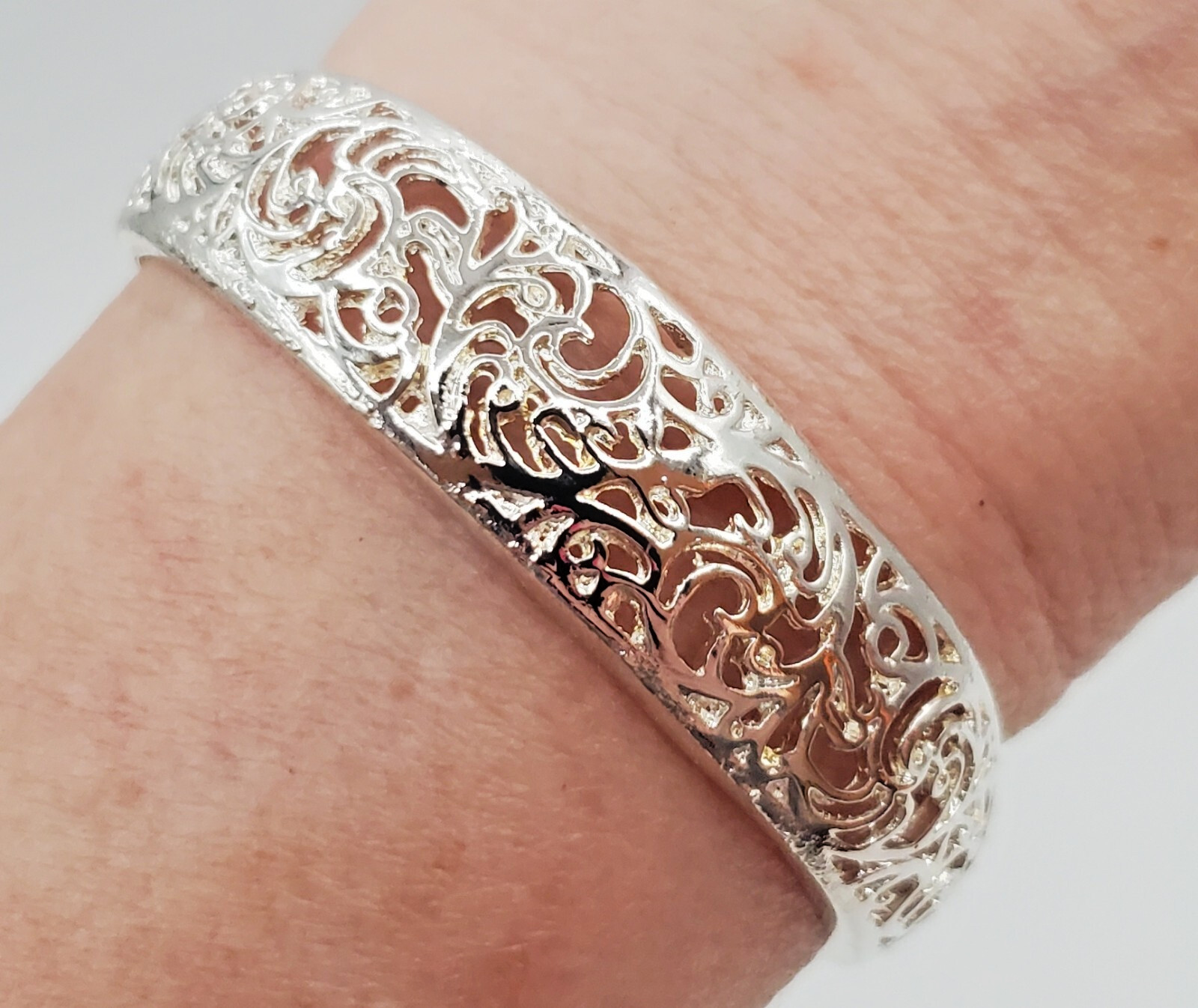 Filagree Cuff Bracelet 6in Polished Silver Tone Metal Small Wrist Snug Fit
