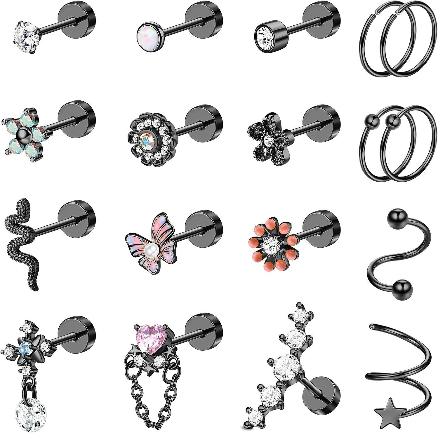 18PCS Cartilage Earring Stud for Women Surgical Steel Flat Back Earrings Couch H