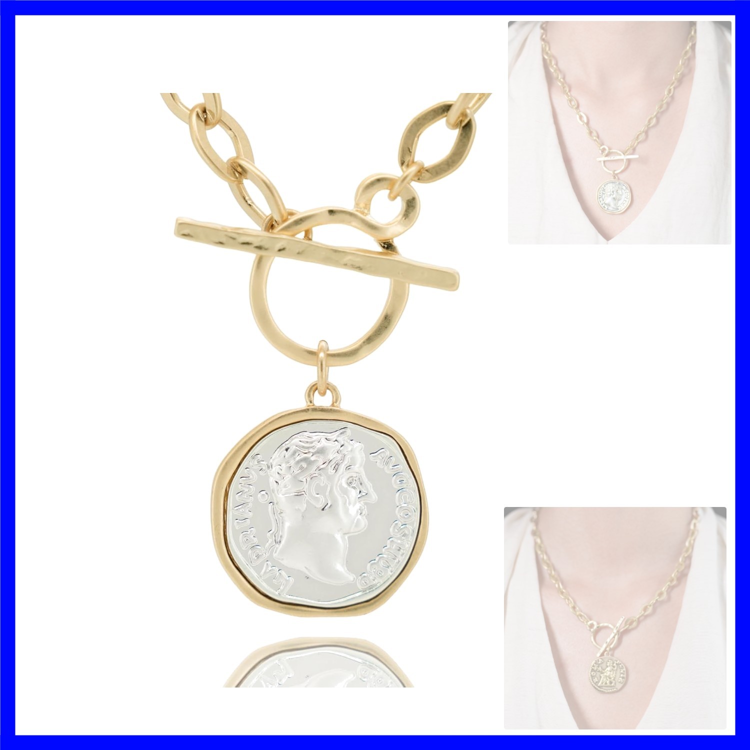 Chunky Coin Antique Gold Plated Thick Link Chain Layered Pendant Necklace for…