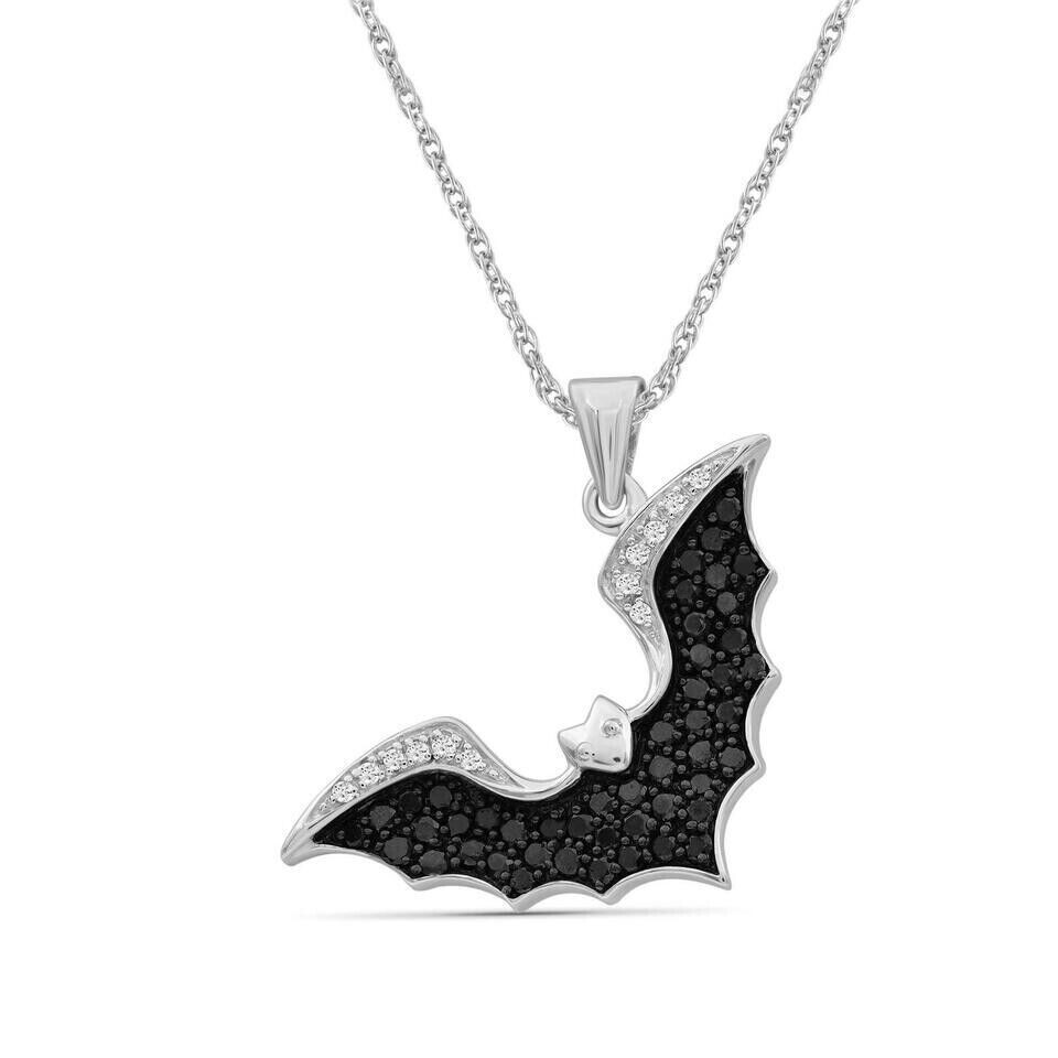 1.19CT Simulated Black & White Diamond Bat Pendant Necklace in Solid 925 Silver