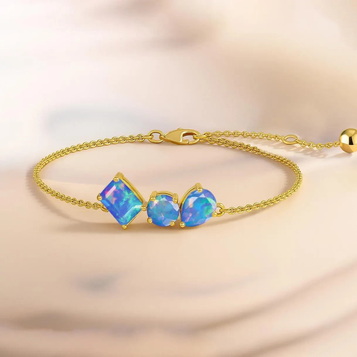 Blue Fire Opal Three Stone Chain Bracelet 925 Sterling Silver Chain Bracelet