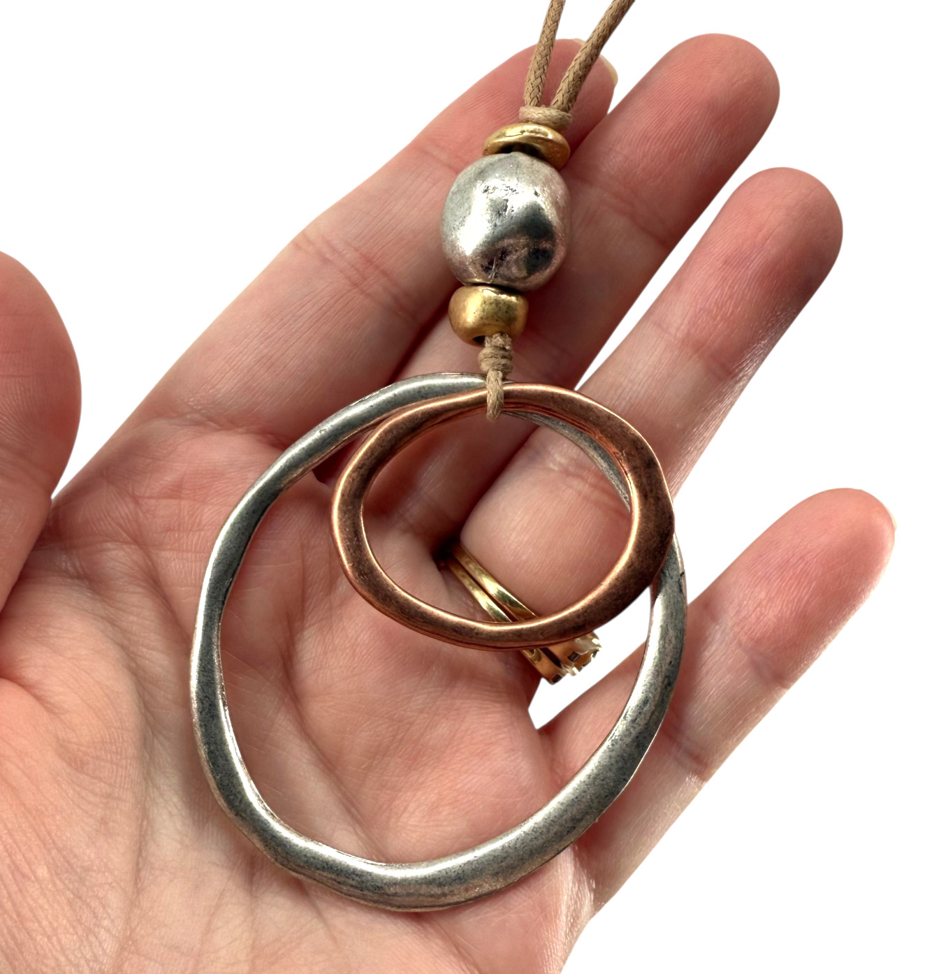 J Jill Mixed Metal Necklace Adjustable Cord Double Circle Pendant Boho Artisan