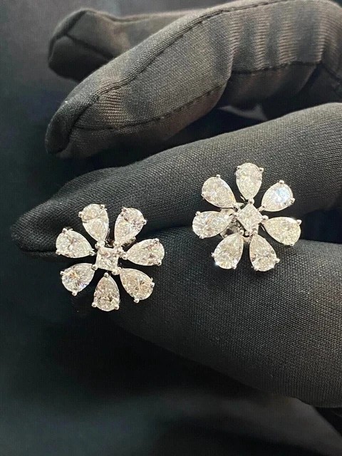 2Ct Pear Cut Simulated Diamond Flower Shape Stud Earrings 14K White Gold Plated