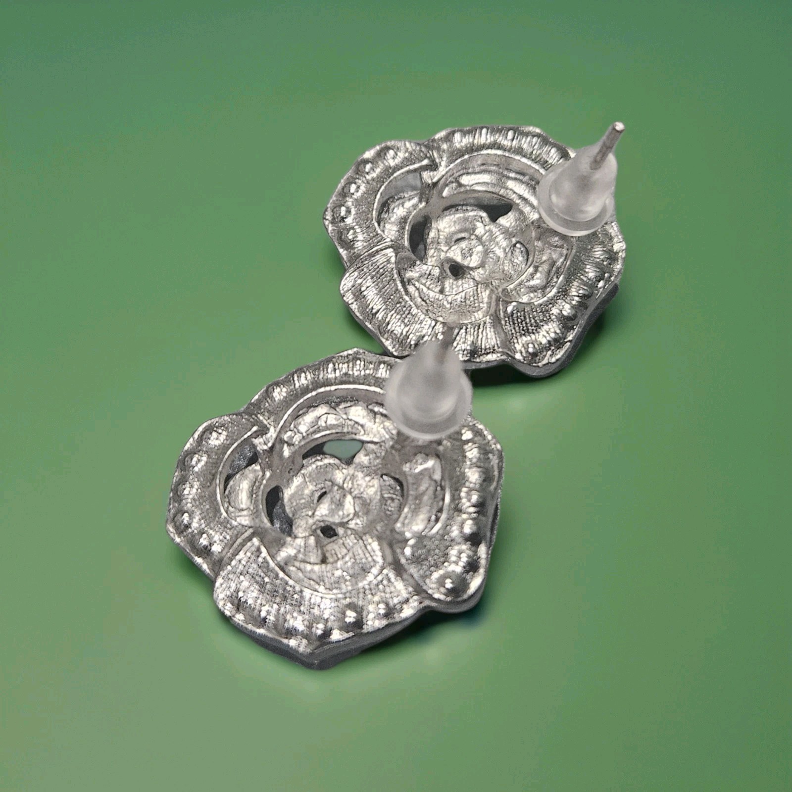 Silvery Rose Shaped Stud Earrings with White Synthetic Zircon Stones