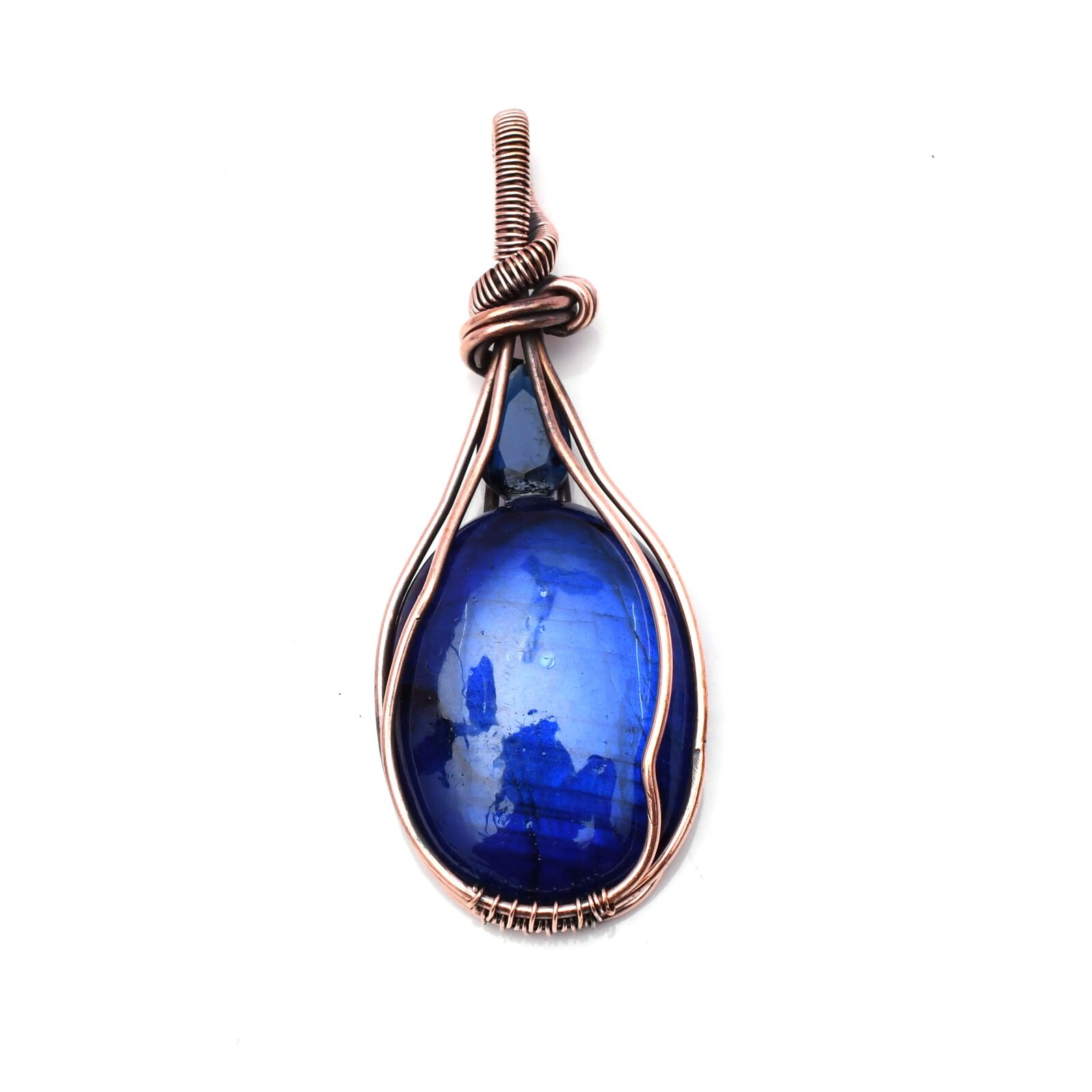 Blue Fire Labradorite Pendant Copper Wire Wrapped Handmade Jewelry Pendant 2.15″