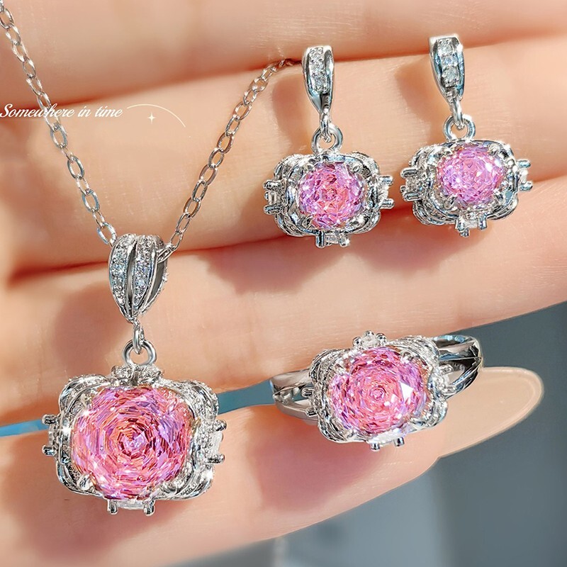 3pc Set Rose Cut Pink Topaz Gems Cute Women Girl Silver Necklace Earring Ring