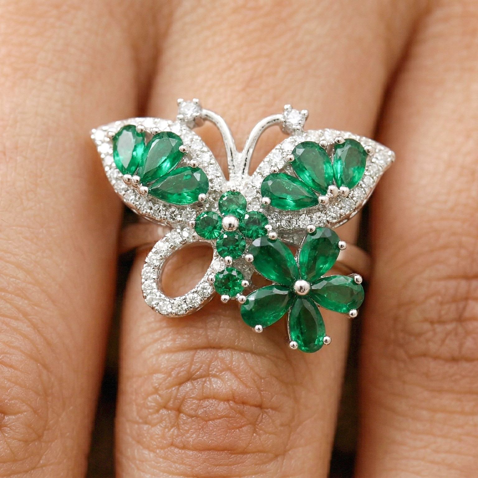 925 Sterling Silver Lab Created Emerald Butterfly Ring, Floral CZ Statement Ring