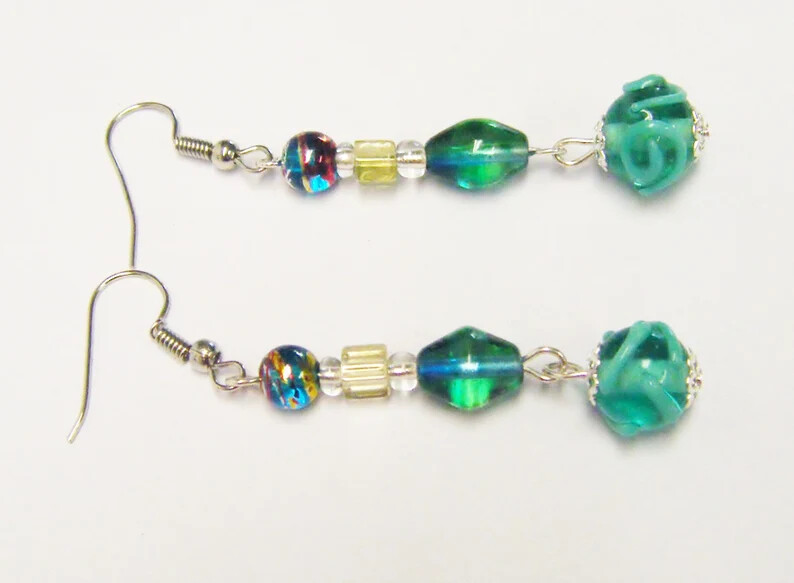 Colorful 3 Strands Green Tone Multi Shapes/Sizes Glass Bead Neck/Brace/Earrings