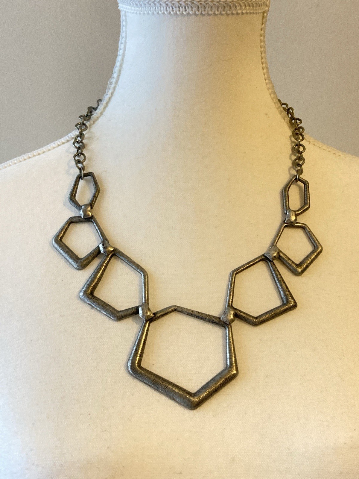 Modernist Statement Necklace Open Pentagon Shape Geometric Abstract Silver Tone