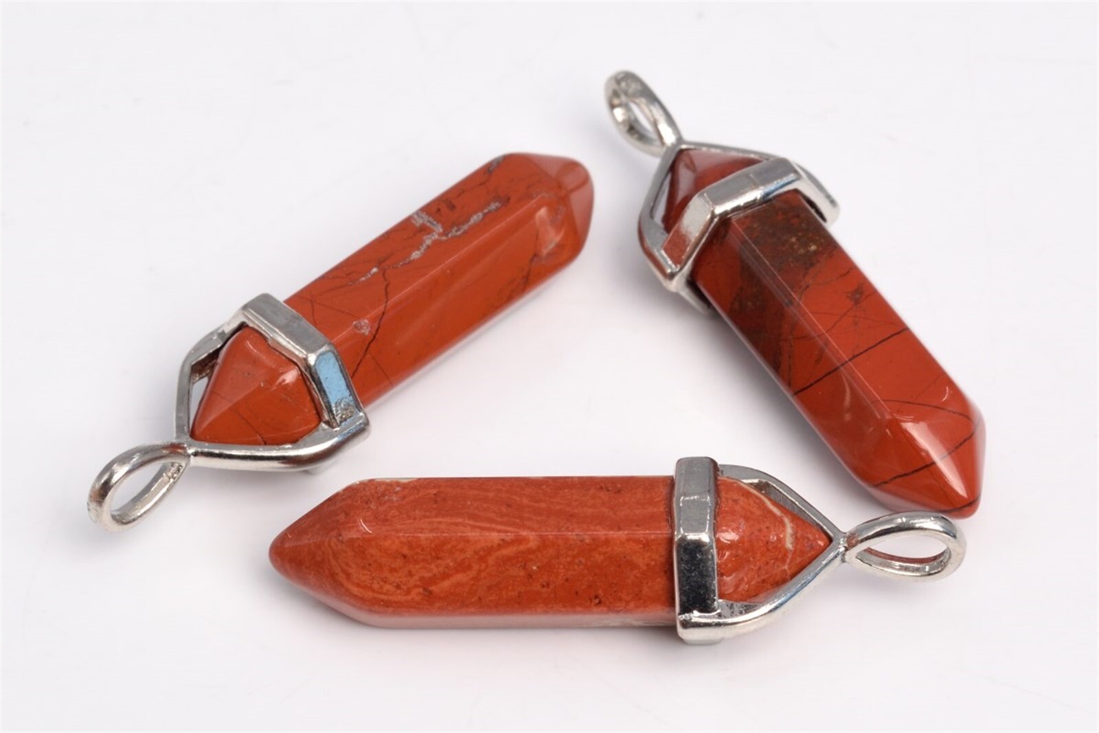 2 Pcs 40x8MM Red Jasper Beads Hexagonal Pointed Pendant AAA Silver Plated Cap