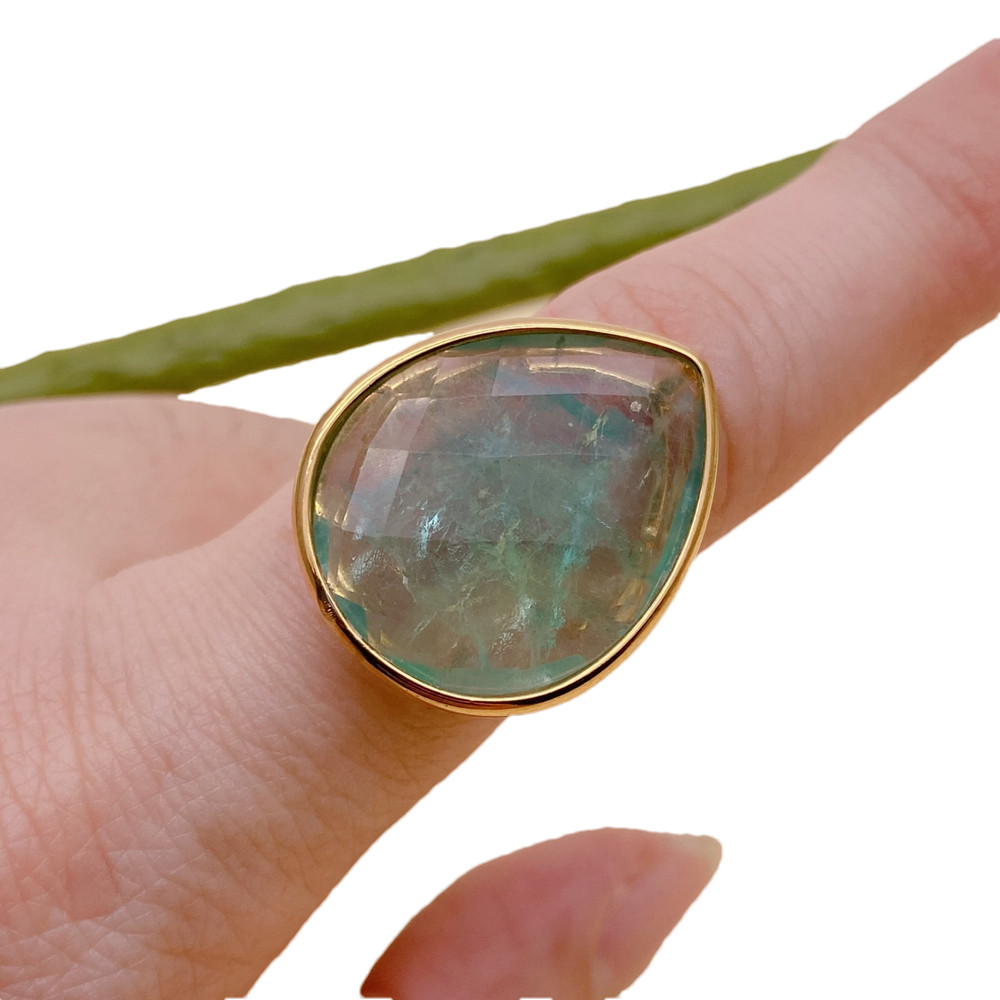 Natural Faceted Green Fluorite Teardrop Ring Gemstone Jewelry