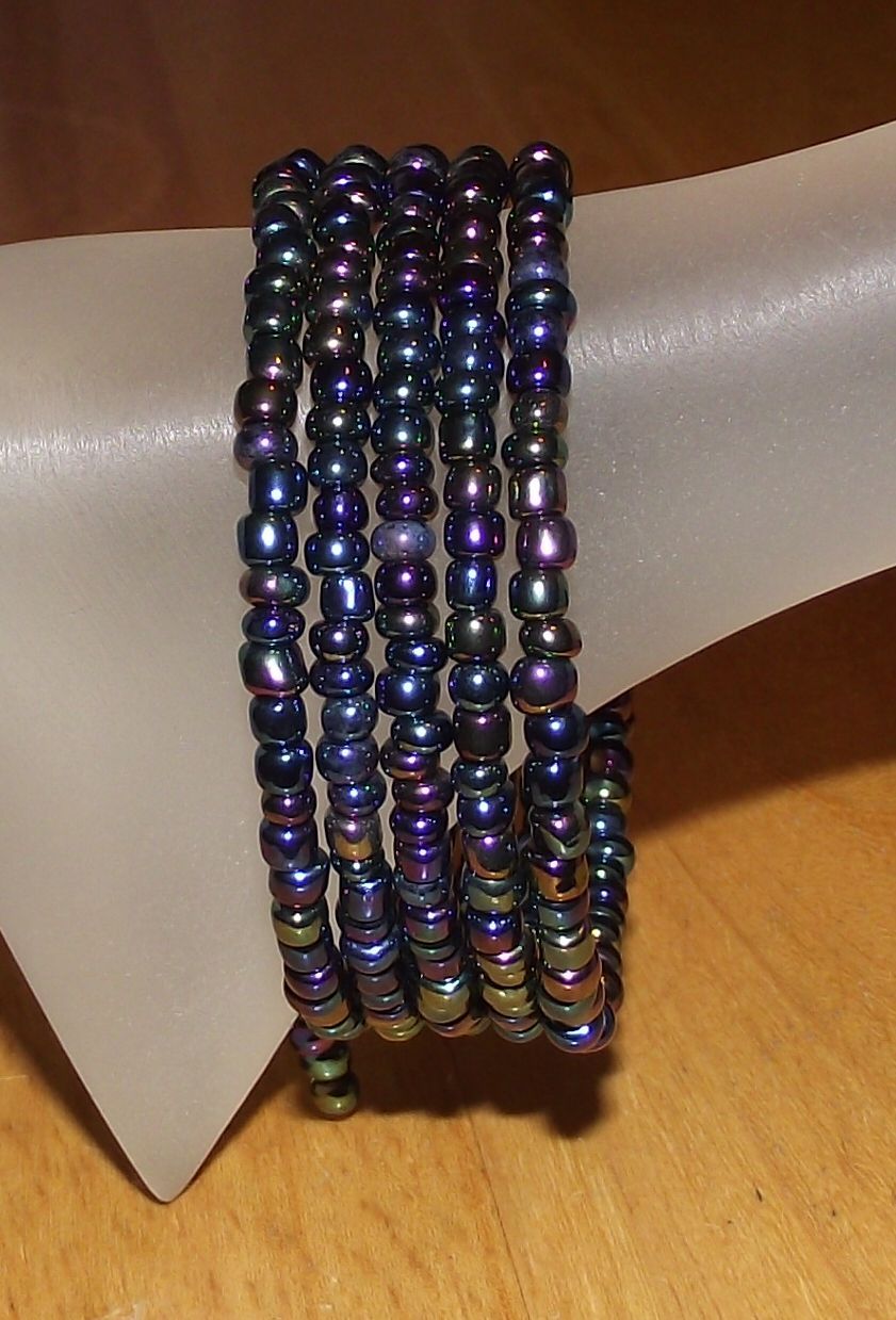 Metallic Black Rainbow Glass Beaded Wrap Bracelet / Coil Beads / USA Made / Gift