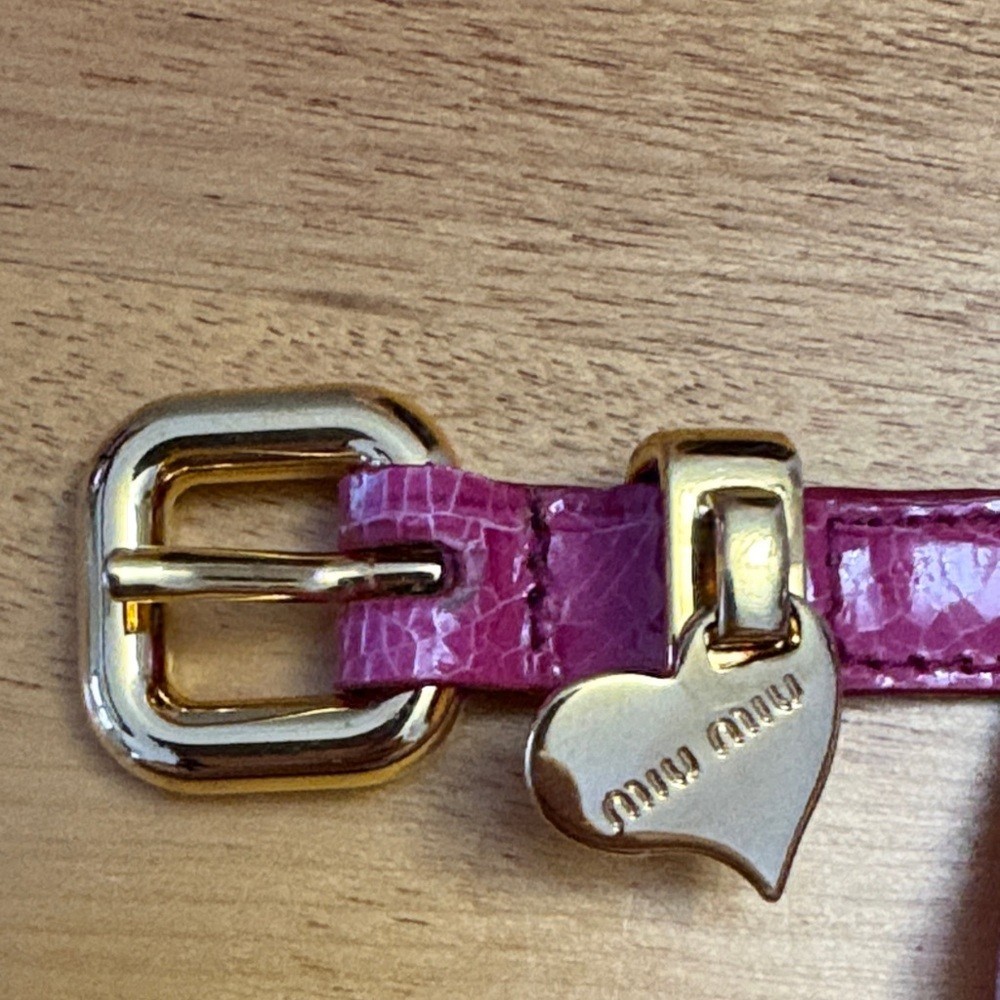 Miu Miu Pink Crackle Leather Bracelet Gold Buckle Heart Charm 6.5-7.5″