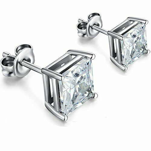 Sterling Silver Princess Cut Stud Earrings Cubic Zirconia 6mm Silver Round CZ