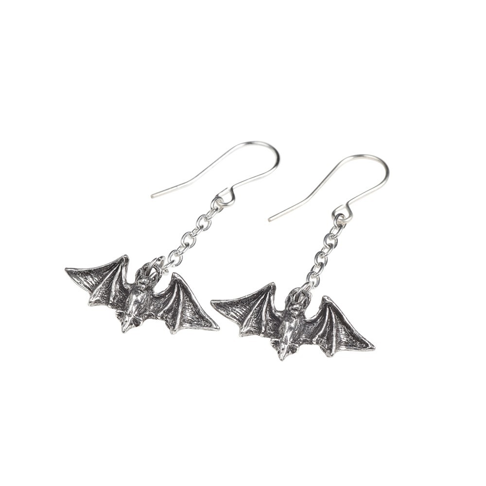 Alchemy Gothic Kiss The Night Earrings Flying Vampire Bat Chain Dangle E429 NWT