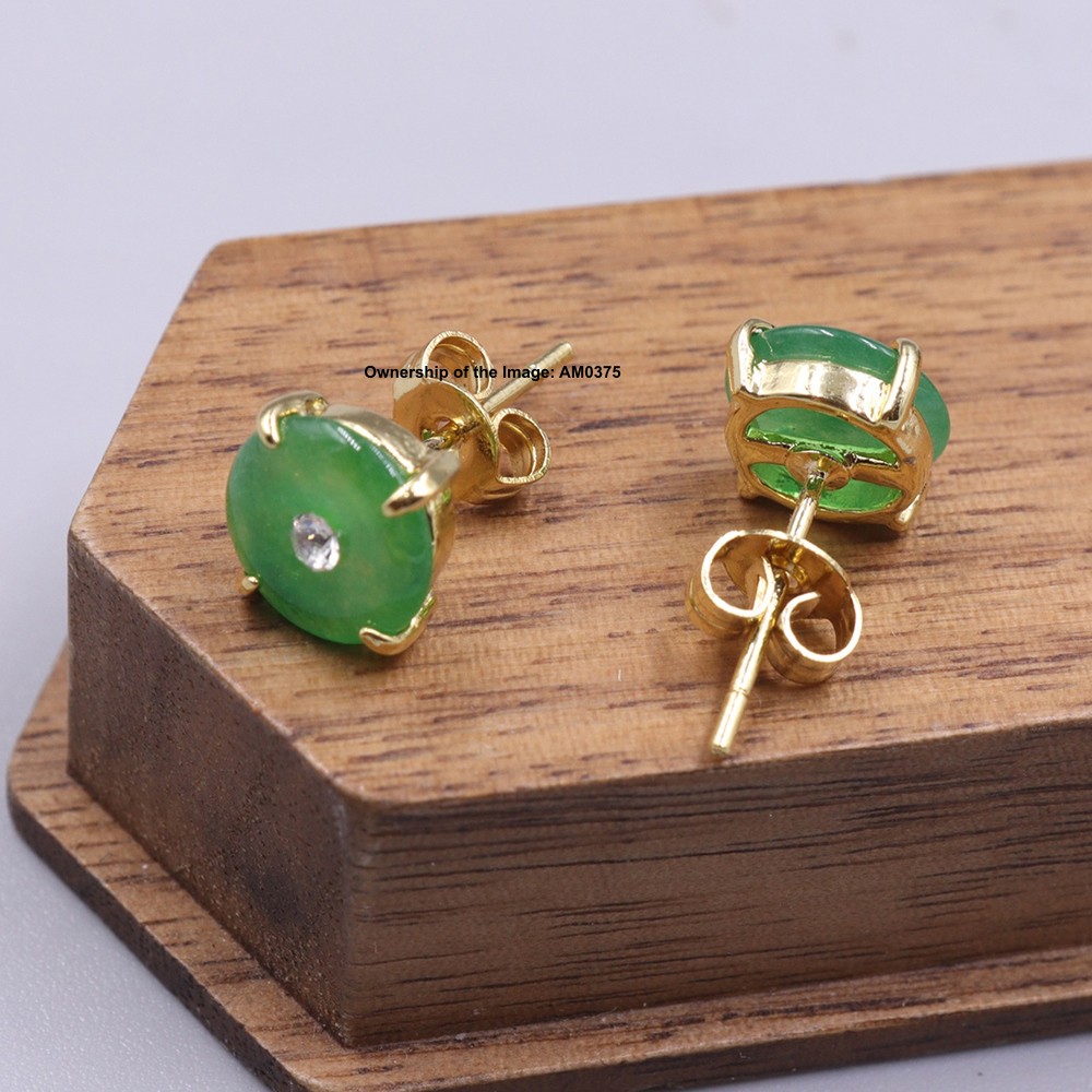 NEW GP Alloy Heating Jade Stud Earrings Women Green Round Earrings 8mm W