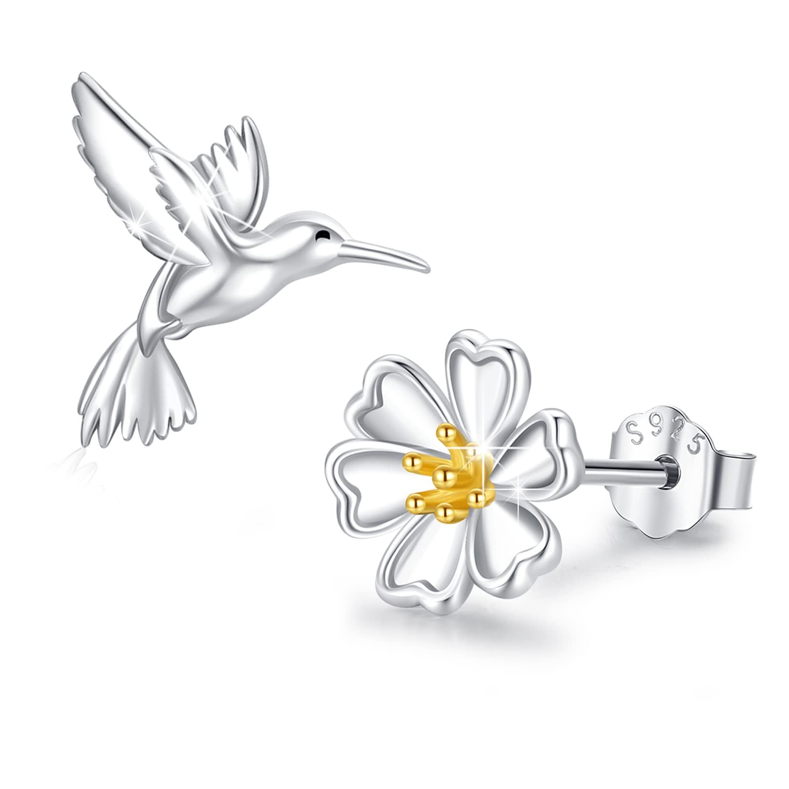 Hummingbird Daisy Earrings 925 Sterling Silver Animal Stud Earrings Jewelry G…