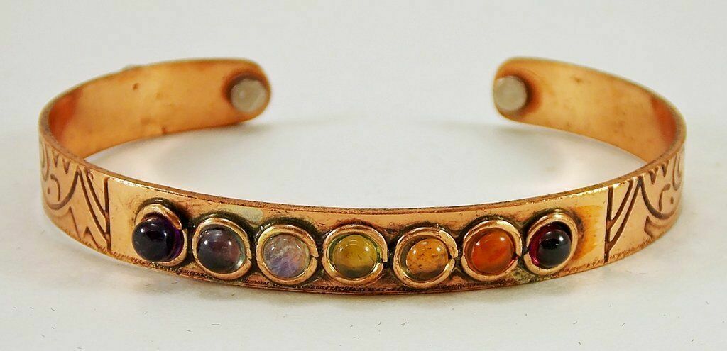 Copper 7 Chakra Crystal Bracelet Adjustable Magnetic Cuff Reiki Healing Gemstone