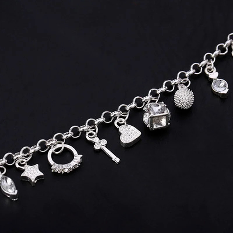 925 Sterling Silver Fashion 13pcs Pendant Charm Bracelet For Women Teen Girls
