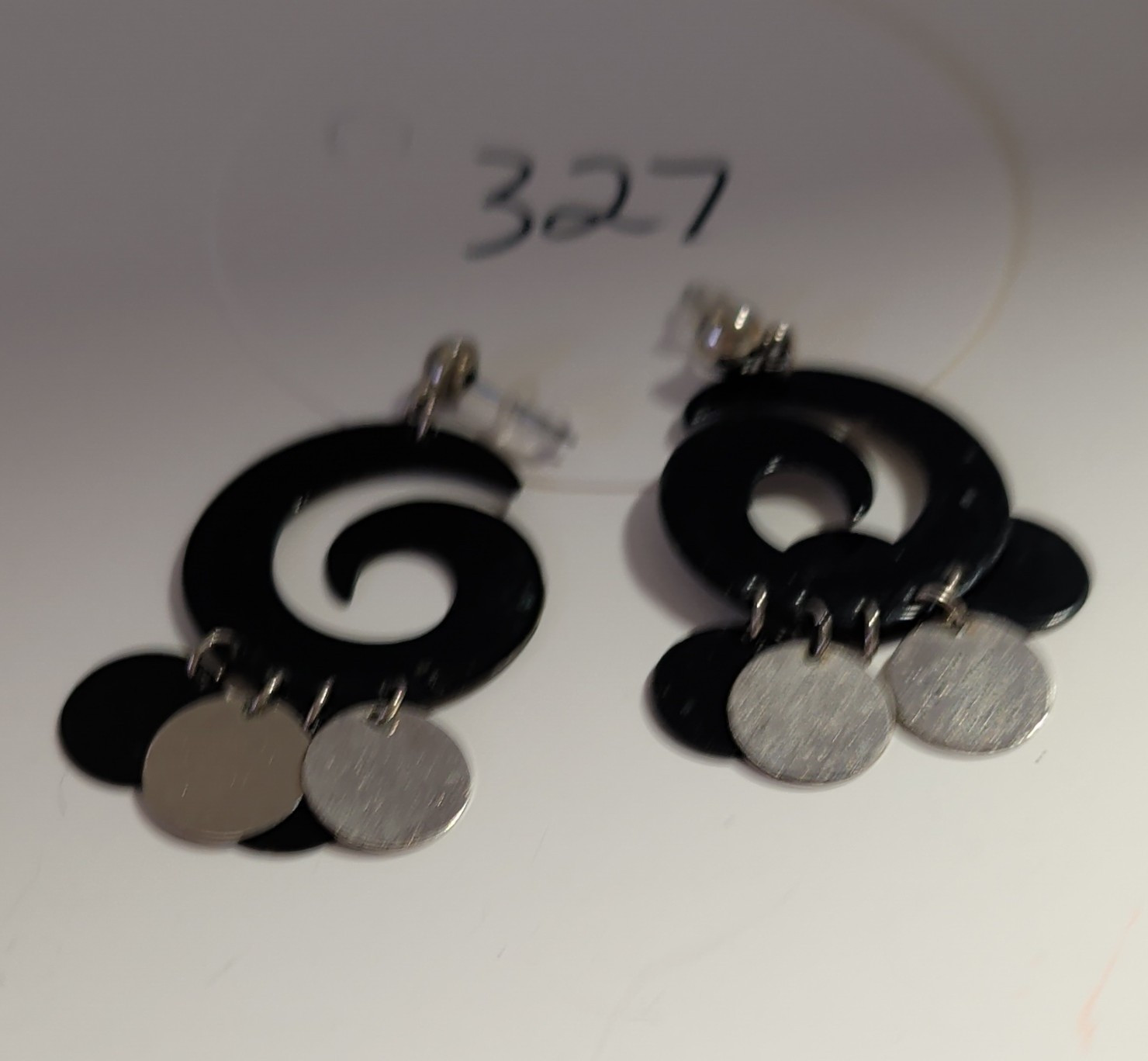 Black Swirl Dangle Drop Earrings Hook Closure Silver Tone Disc Charms