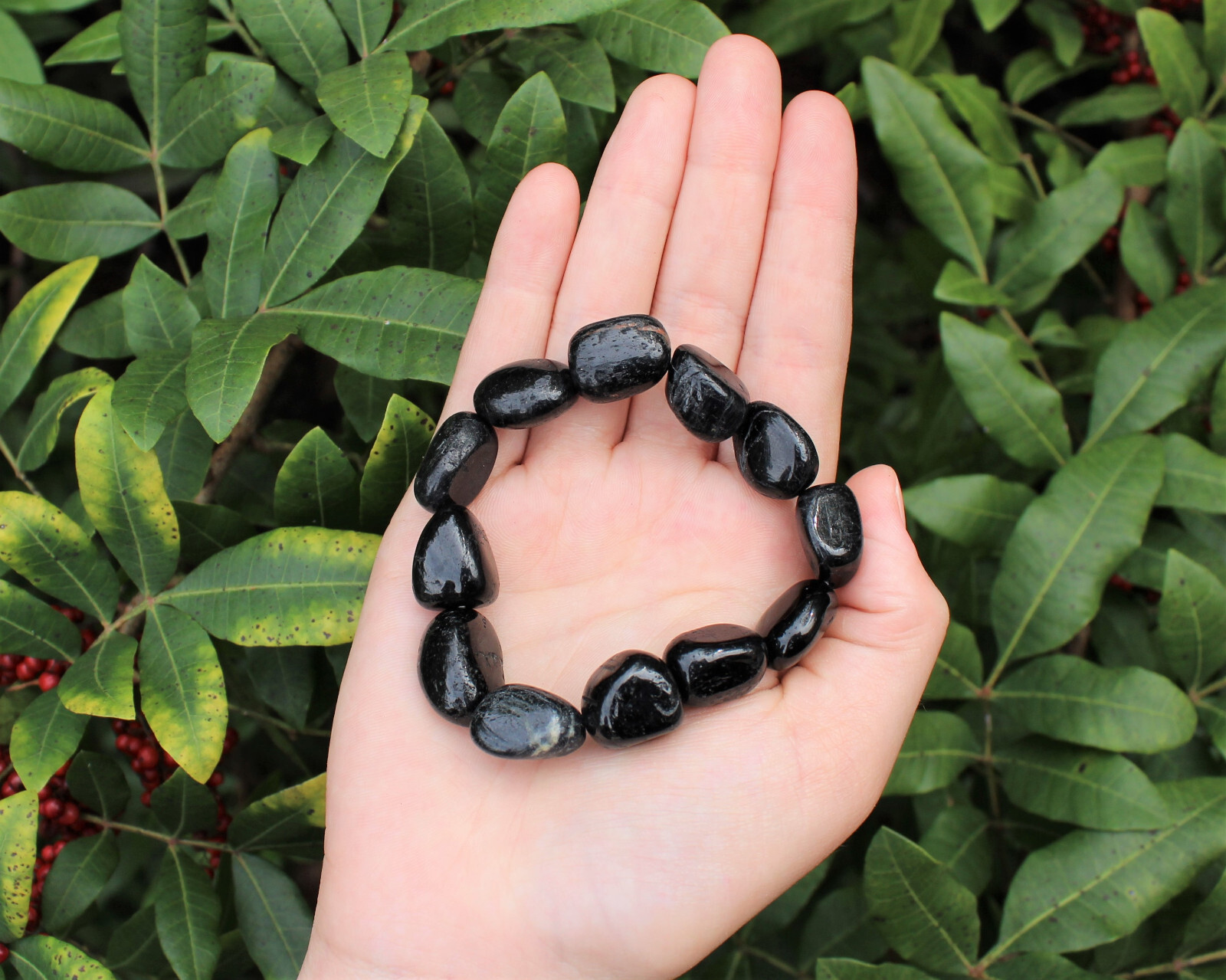 Black Tourmaline Tumbled Gemstone Bracelet 6-8 mm Nuggets (Stretch Bracelet)