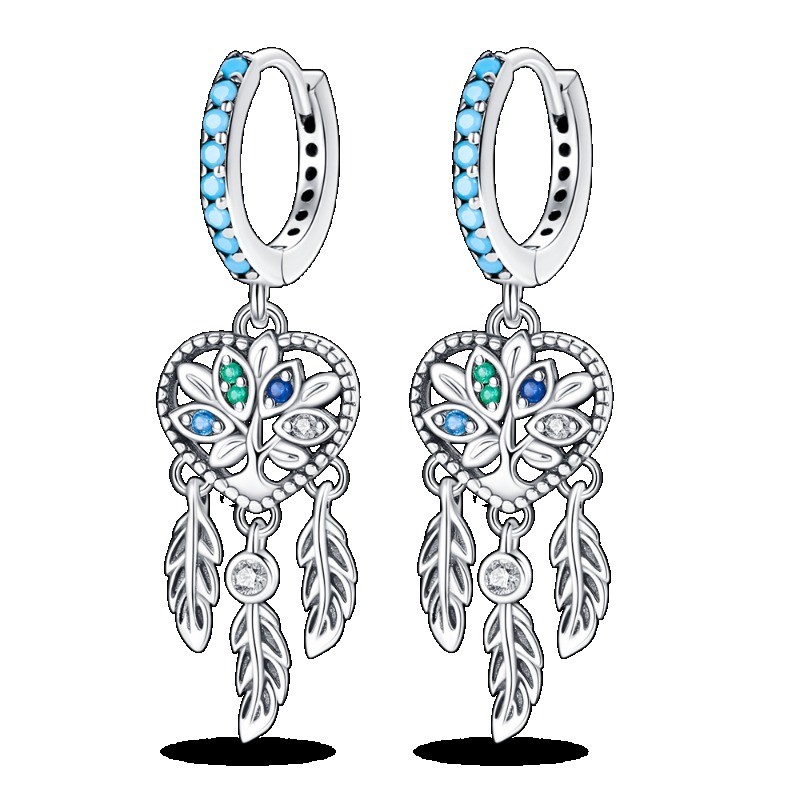 KUNSIR 925 Sterling Silver Fashion Jewelry Feather Dream Catcher Drop Earrings