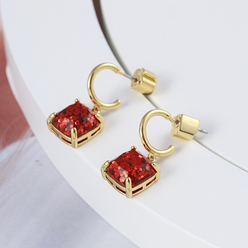 Kate Spade Candy-Colored Rhinestone Square C- Shaped Red Earrings.