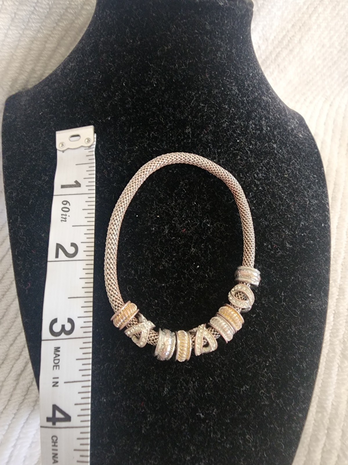 Mesh Charm Beaded Bracelet Silver Gold Tone Round Beads Metal Less Than 8in