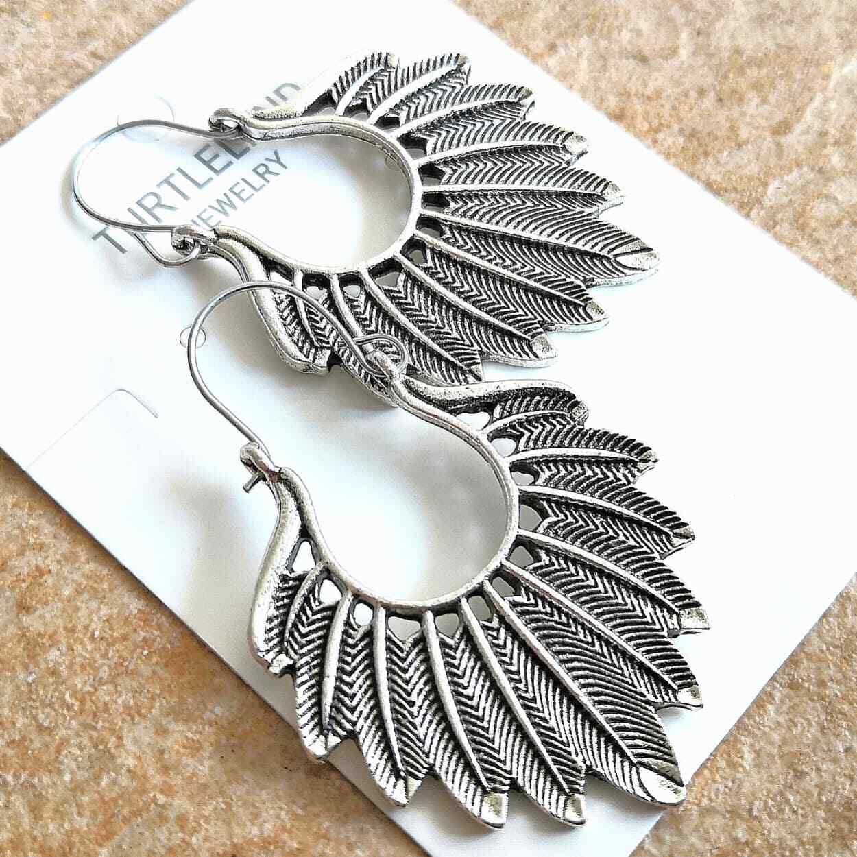 Boho 925 Sterling Silver Vintage Feather Tibetan Tibet Dangle Drop Hook Earrings