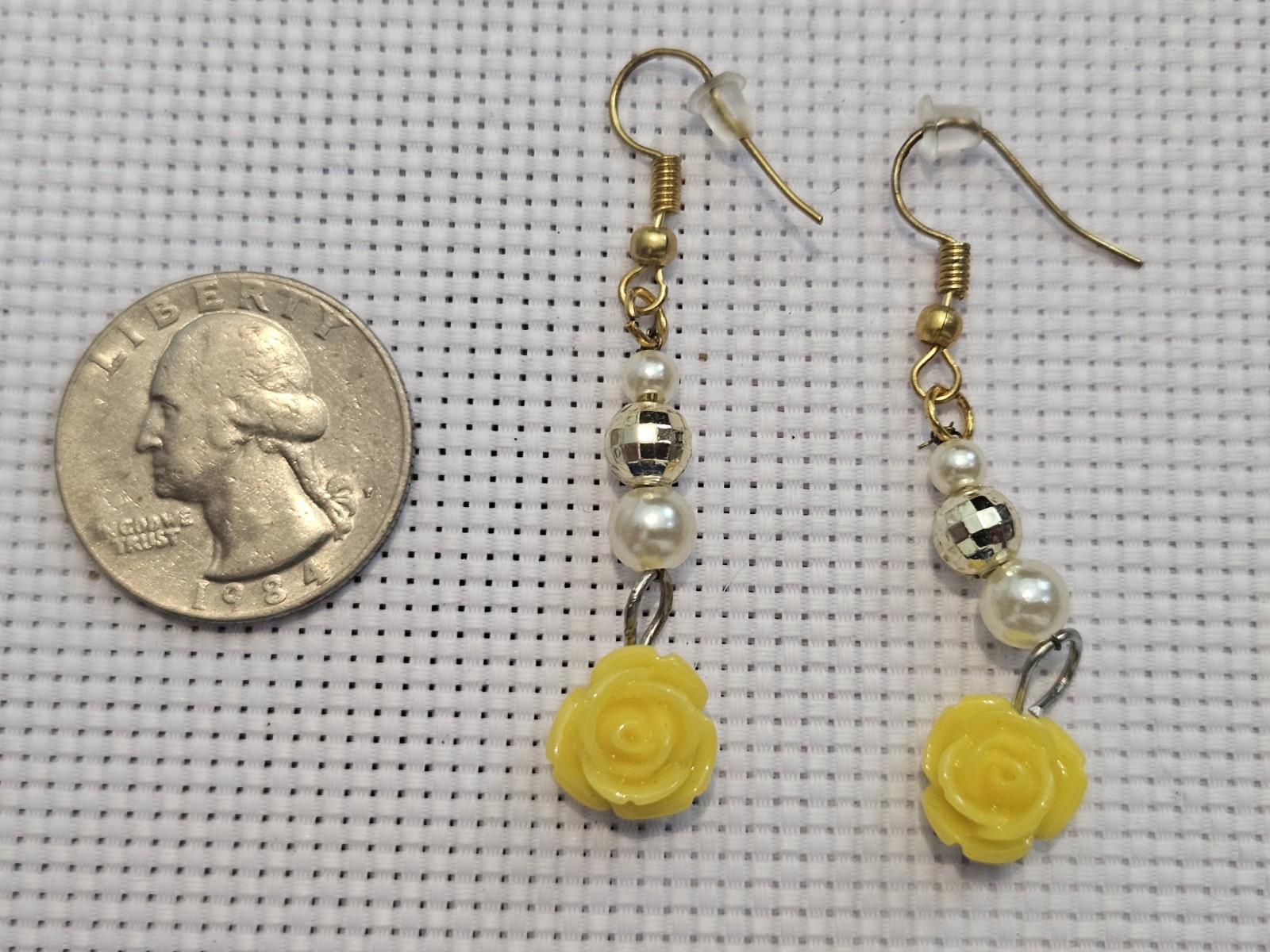 Handmade Yellow Rose Dangle Earrings Gold Tone Faux Pearl Floral Jewelry One of