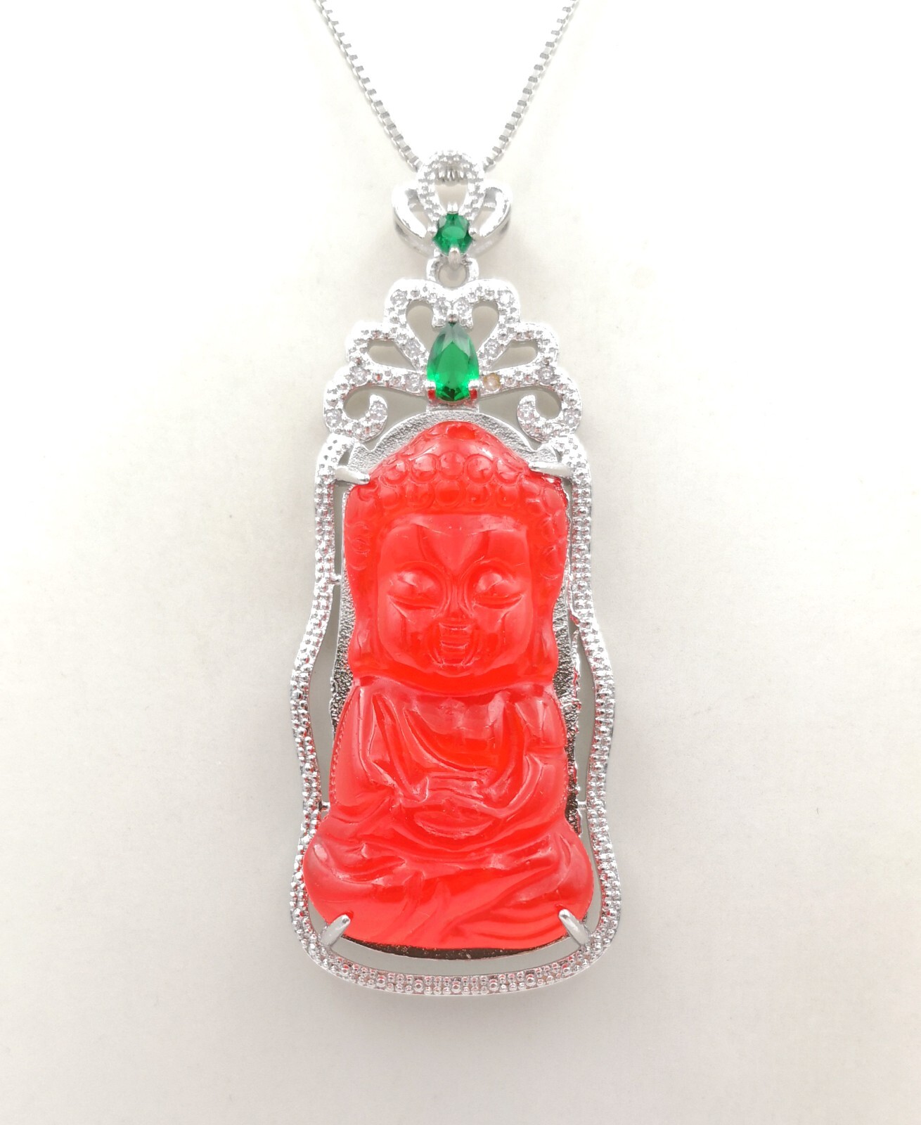 Multicolor Green Red Jade Stand Maitreya Buddha 18KGP Crystal Pendant Necklace
