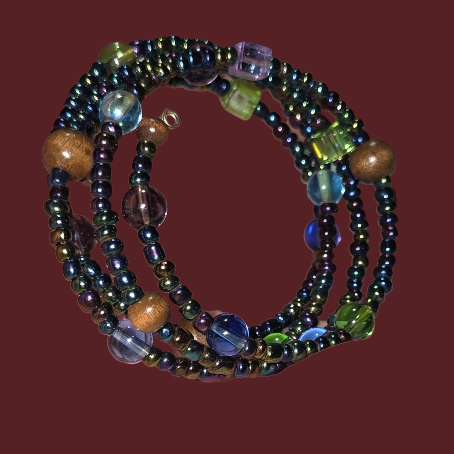 2 Memory Wire Green & Multi Color Peacock Beads Layered Bracelet Fits All Wrists